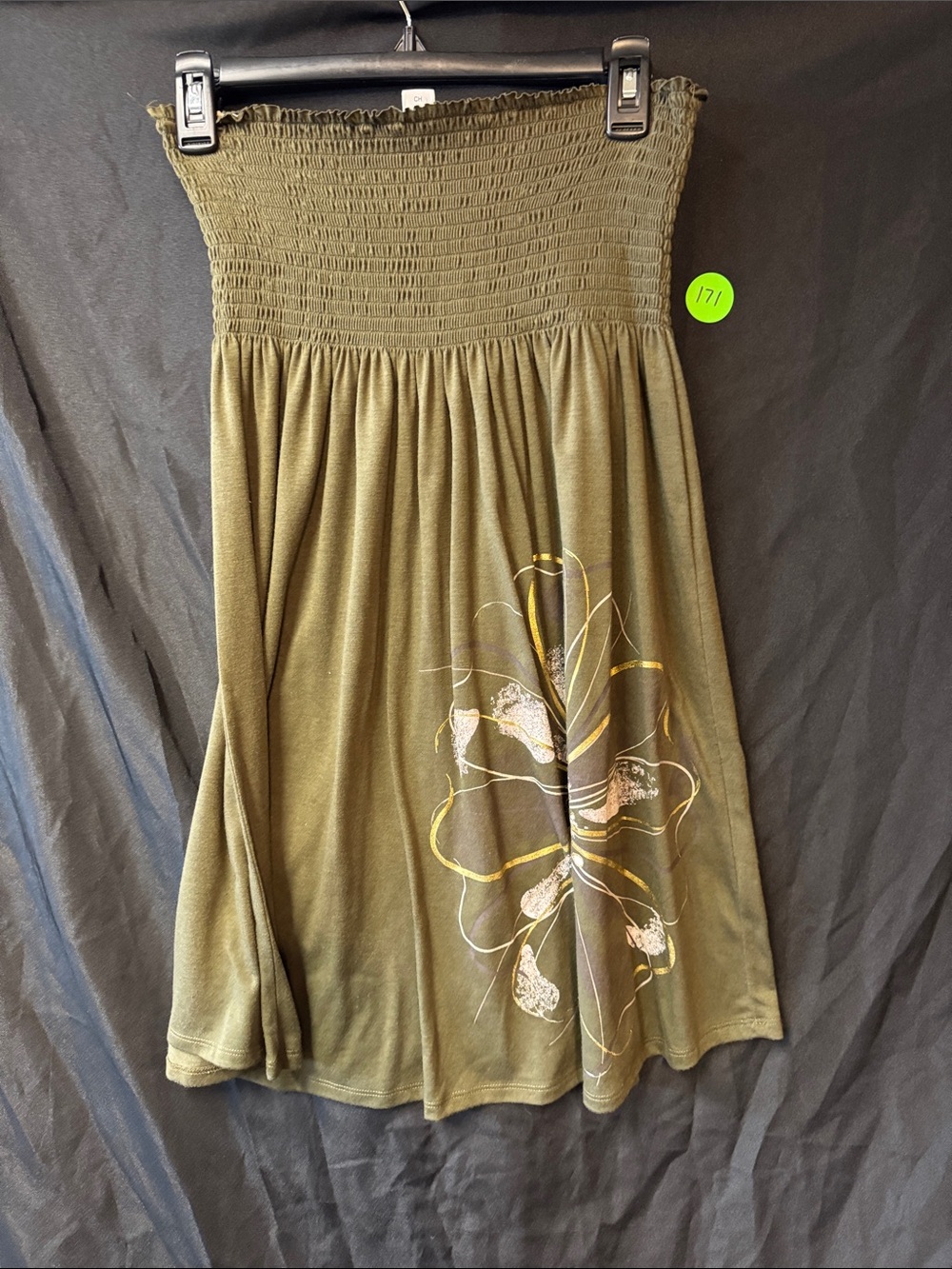 Olive Green Strapless Smocked Sundress with Floral Print